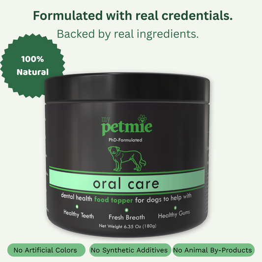 A black plastic jar of 'my petmie' oral care food topper for dogs, shown against a light off-white background with promotional text badges and green accents.